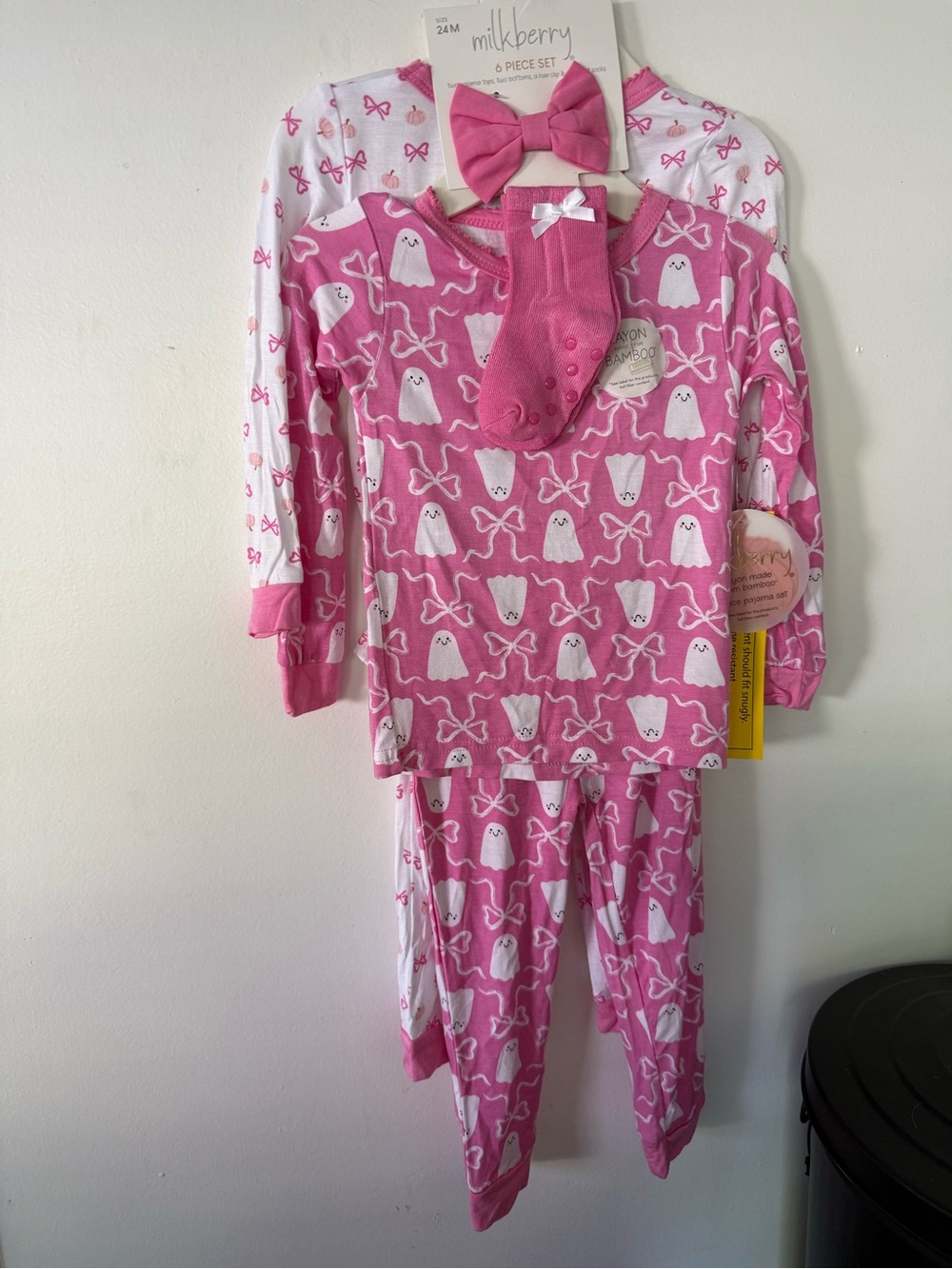 Milkberry Toddler Pink Ghost Bow Pajama Set with Socks & Headband